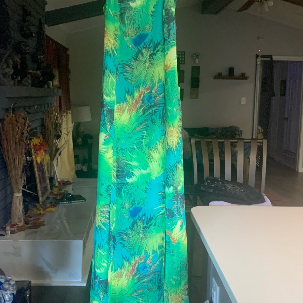 Lulu's Blue and Green A-Line Maxi Dress with Tie Front